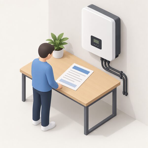 A printed warranty document lying on a table beside a wall-mounted solar inverter, its terms shown only as blank lines and plain colour bands, with a small isometric figure standing at the table reading it.