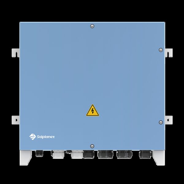 A blue Solplanet solar inverter unit shown from the front with cable glands along the bottom and a high-voltage warning label