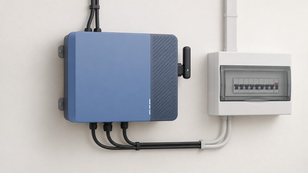 A close-up of a single Solplanet string inverter wall-mounted indoors next to a consumer unit, with a small Wi-Fi dongle plugged into its side and a cable from the solar array entering the top.