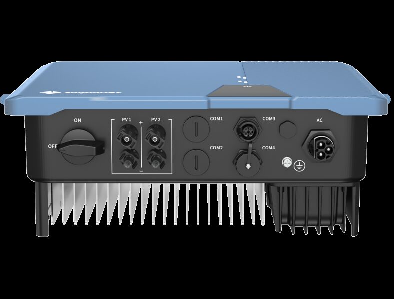 A Solplanet single-phase solar inverter shown from below, with PV inputs, COM ports and AC connector visible