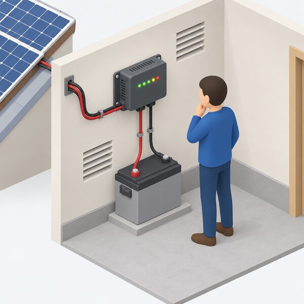 An isometric indoor scene showing a wall-mounted solar charge controller on a ventilated wall beside a battery, with cables running from the solar array side and to the battery terminals, and a simplified figure reading its row of lit LED state-of-charge indicators at eye level.
