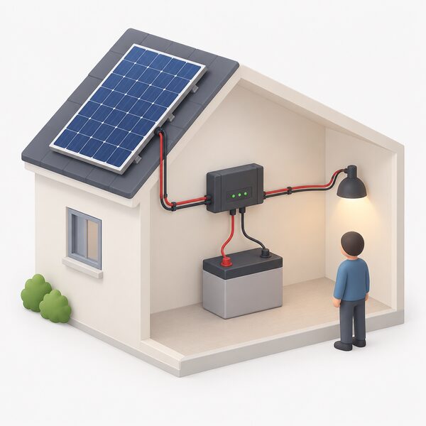 A simple connected setup showing a solar panel outside wired through a small charge controller mounted on a wall indoors, which regulates the current flowing along cables into a battery beside it, with a plain load also connected to the controller's load output.