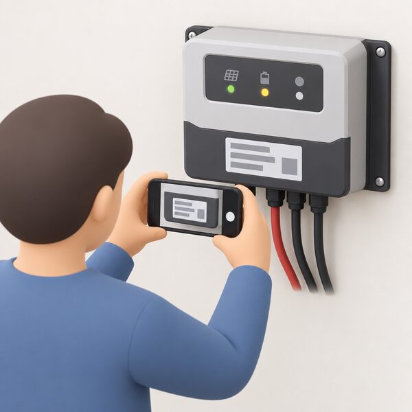 A close-up view of a wall-mounted Solarix PRS solar charge controller with its product marking and serial number label clearly visible, being photographed by a householder holding a phone to record the marking for a future warranty claim.