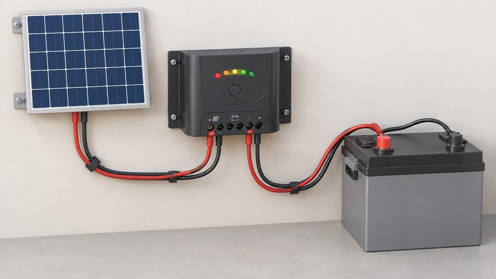 A close-up of a wall-mounted solar charge controller with a row of coloured LED indicator lights, its terminals wired by two cables running to a lead-acid battery beside it and a small solar panel above, all indoors in daylight.