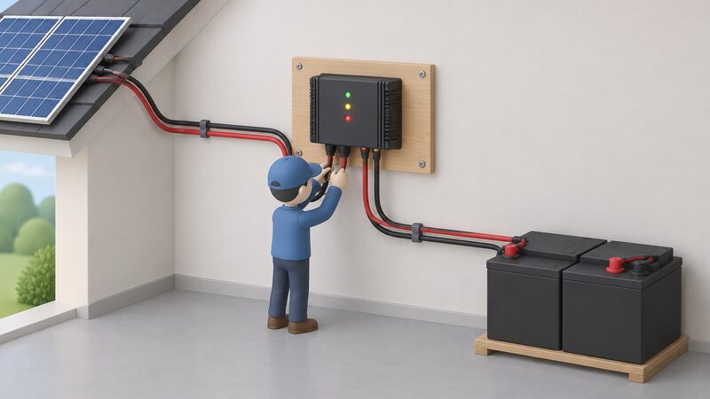 A small isometric figure mounts a Solarix PRS charge controller on a wall-mounted board inside a home, with DC cables from a solar array and a battery bank entering its lower terminals and a row of coloured LED indicators lit on its face.