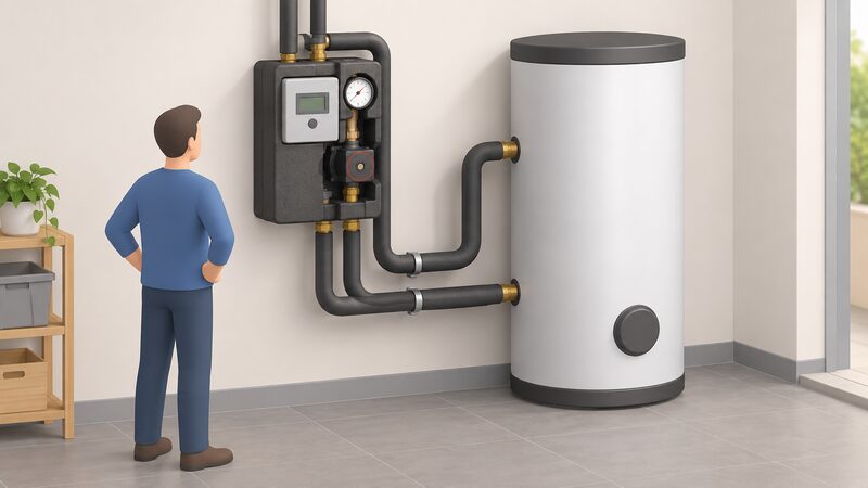 A wall-mounted solar thermal pump station with a Steca controller, pressure gauge and circulation pump, connected by insulated pipework to a hot water cylinder beside it.