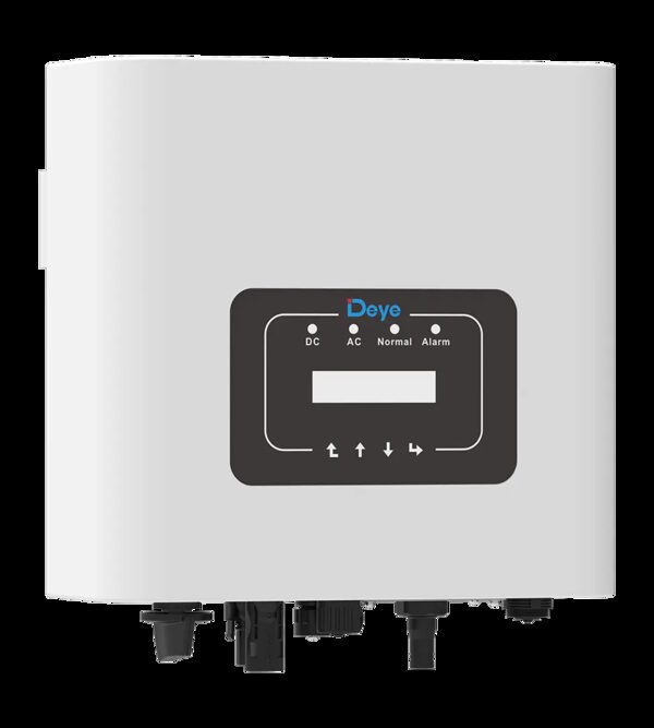 A white Deye single-phase solar string inverter with DC/AC/Normal/Alarm indicator lights and a display panel, shown against a plain background.