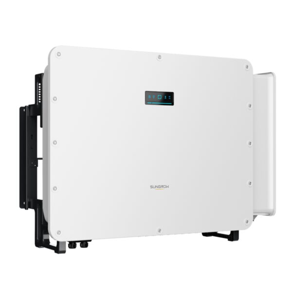 A white Sungrow string solar inverter unit shown on a plain background with its mounting bracket