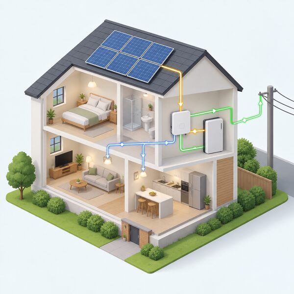 A cutaway isometric view of a UK home showing a hybrid inverter on an interior wall beside a battery, with lines tracing power flow from rooftop solar panels into the inverter, out to the house circuits, to the battery, and to the grid connection outside.