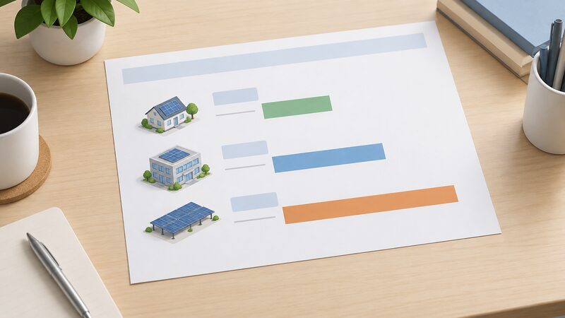 A printed manufacturer datasheet extract lying on a desk, showing three plain horizontal bars of increasing length representing maximum efficiency for residential, commercial and utility string inverters, with blank label lines beside each bar and no readable figures.