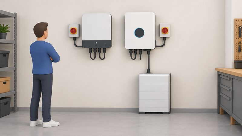 A wall-mounted string inverter and a hybrid inverter side by side on a garage wall, each with a DC isolator switch beside it and cable entries at the bottom, the hybrid alone having a cable running down to a battery unit on the floor.