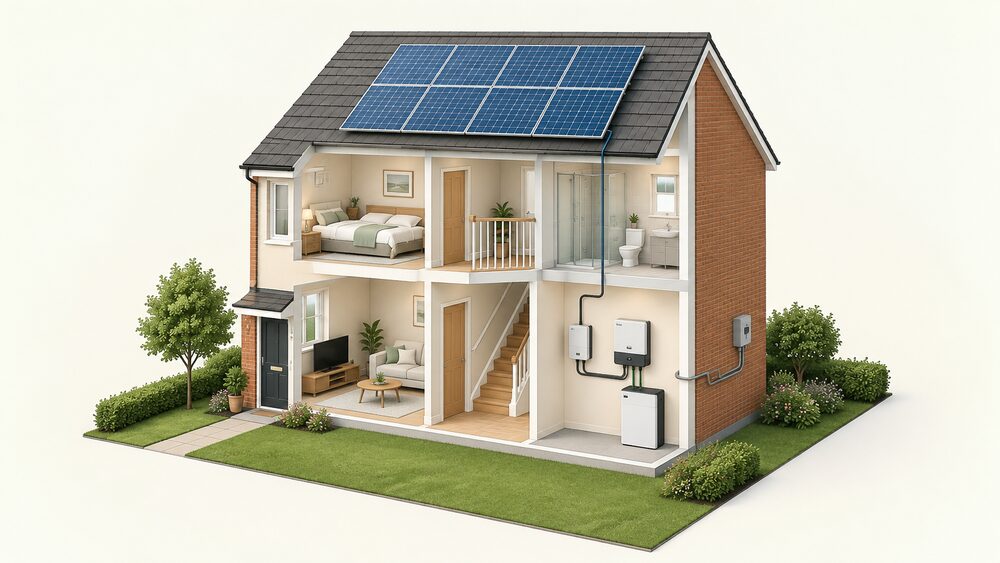 A cutaway UK house with solar panels on the roof, a compact string inverter mounted on an indoor wall at ground level, and beside it a hybrid setup shown with a battery unit connected to the inverter, all wired to the grid supply.