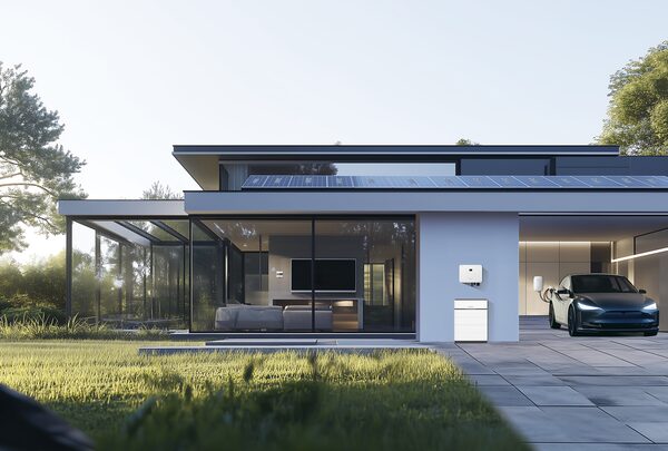 A modern house with rooftop solar panels, a wall-mounted battery/inverter unit outside, and an electric car charging in the driveway