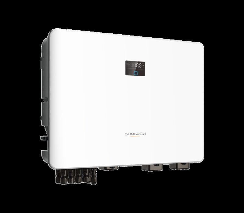 A white Sungrow wall-mounted solar inverter with a small display and connection cables, shown on a plain background