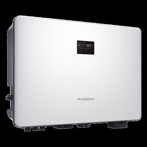 A white Sungrow wall-mounted solar inverter with a small digital display, shown as a product photo on a plain background