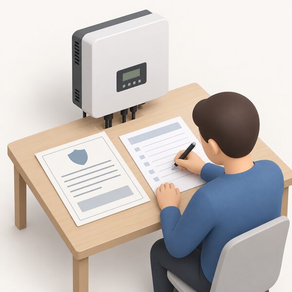 A printed warranty document lying on a table beside a home inverter, with a pen and a blank-lined claim form, showing the written notification and registration route an owner follows for a warranty claim.