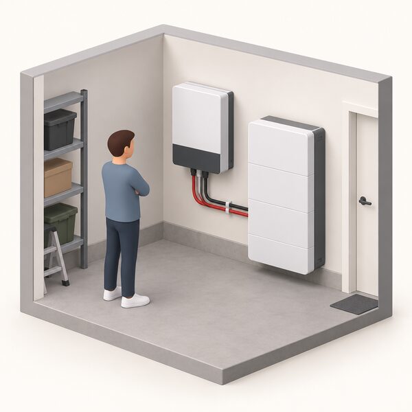 A wall-mounted hybrid inverter installed indoors beside a home battery on the same wall, with cabling running between the two units, shown as a simple cutaway of a utility room or garage corner in a home adding storage alongside its panels.