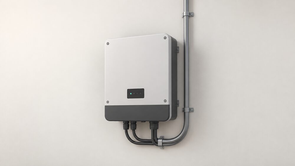 A single wall-mounted solar string inverter box shown close up on an indoor wall, with conduit running up from it toward the roof and onward to the household supply, and nothing else in the frame.