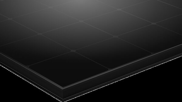 A close-up of a black solar panel with a grid of cells on a white background.