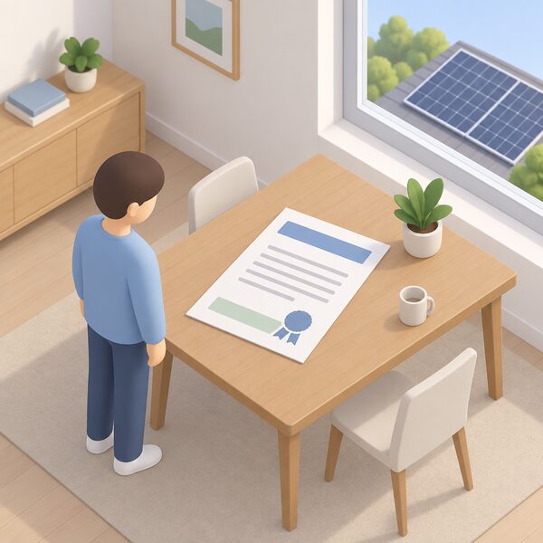 A plain paper warranty certificate lying on a domestic table beside a small simplified isometric figure, with a solar panel visible through a nearby window, the certificate's content shown only as blank lines and plain colour bands with no readable words or numbers.