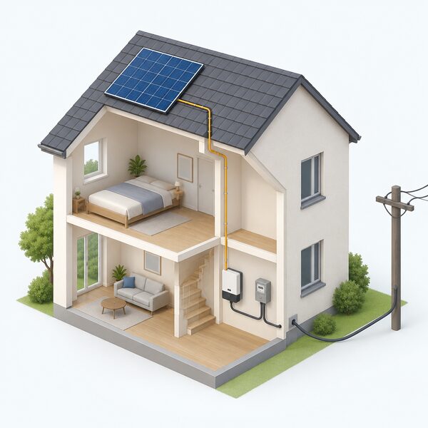 A cutaway view of a house with a solar panel flush-mounted on the roof, a cable running down inside the wall to an inverter mounted indoors, and a connection from the inverter to the electricity meter and grid supply.