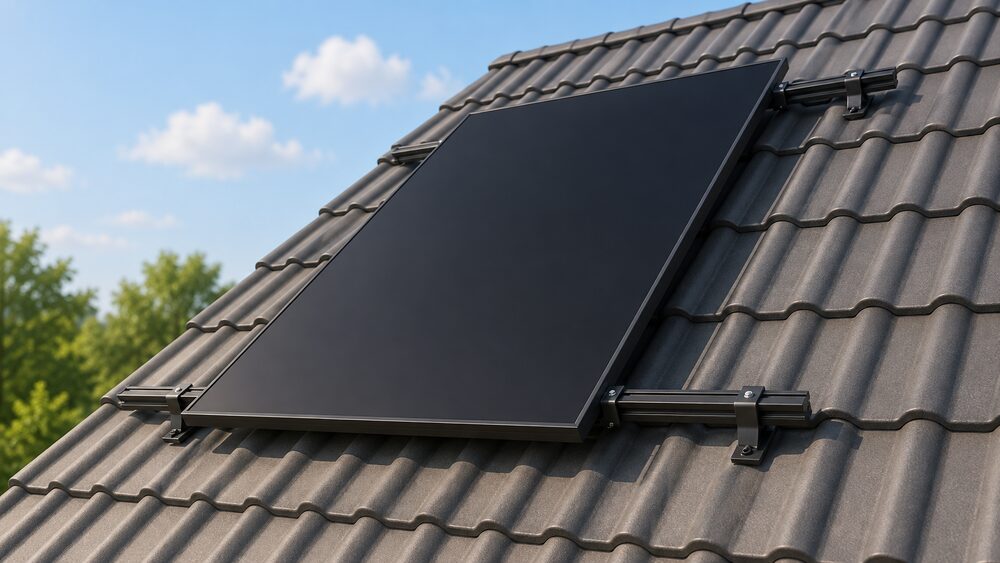 A single all-black back-contact solar panel mounted on a pitched roof in daylight, its full front face uniformly dark with no visible busbars or grid lines, shown close up with roof tiles and mounting rails around it.