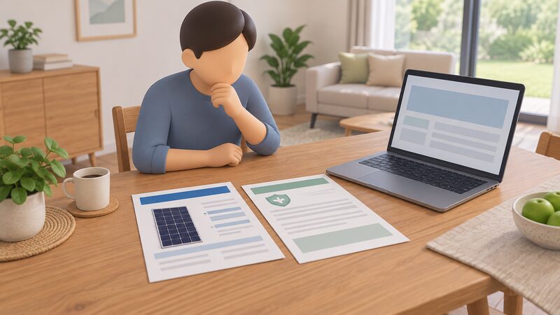 A SunPower Performance panel datasheet and a warranty document lie open on a wooden table beside an open laptop, drawn as physical papers with blank lines and plain colour bands, in a home setting where a quotation might be reviewed.