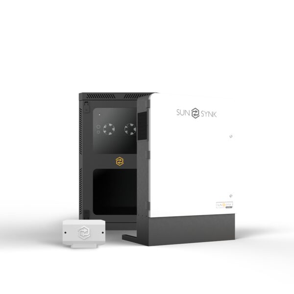 A Sunsynk hybrid inverter unit with its cover open, showing internal fans, alongside a small external device