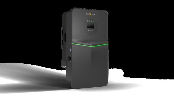 A black Sunsynk wall-mounted battery storage unit with a small display and green accent light, shown on a white background