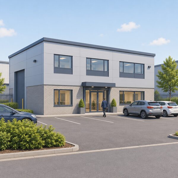 A simple two-storey business unit exterior on a small industrial park in Widnes, drawn as a plain modern building with a car park, entrance door and a few windows, representing the UK office and technical support base, with no signage or lettering visible.