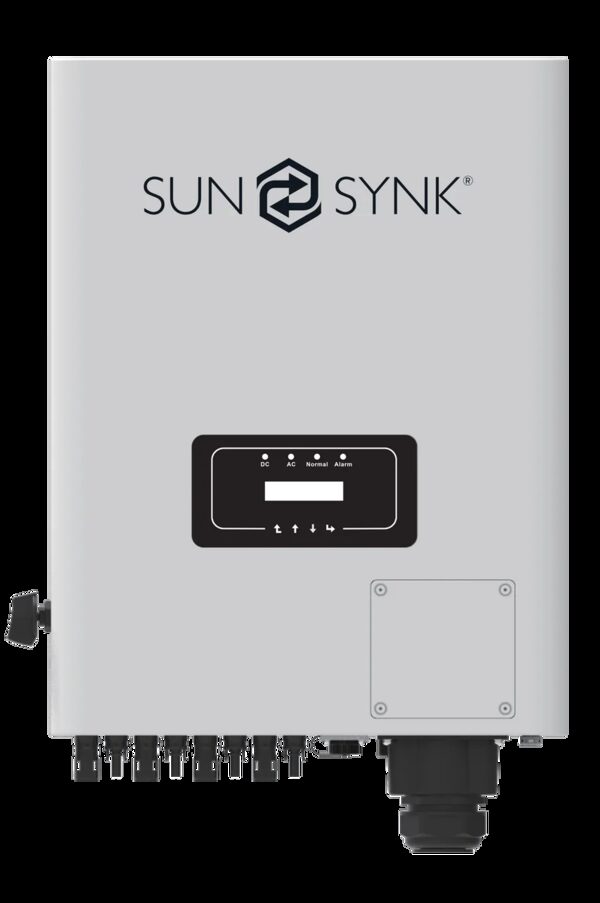 A Sunsynk 25kW three-phase string inverter, a grey wall-mounted unit with status display and connection terminals