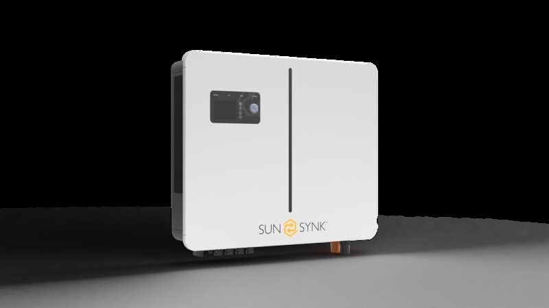 A white Sunsynk wall-mounted hybrid inverter unit shown against a plain background