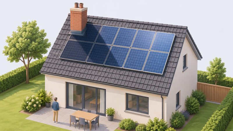 A pitched roof with a solar array where a chimney casts a soft shadow across several panels while the remaining panels sit in full sun, showing partial shade on part of the array only.