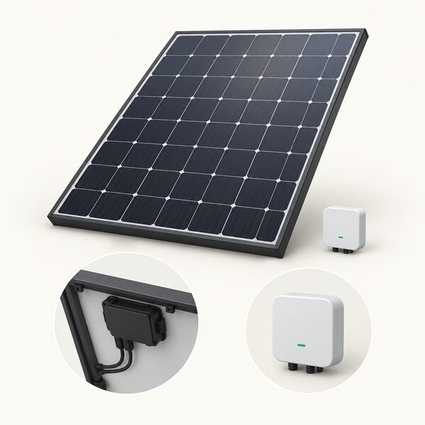 A single monocrystalline solar panel shown tilted as delivered from the manufacturer, with a small optimiser unit factory fitted on its underside frame and a compact CCA/TAP communication module beside it, no roof or mounting work shown.