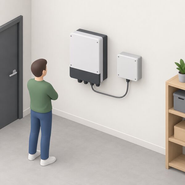 A simplified isometric indoor scene showing a hybrid inverter mounted on a plain interior wall with a communication cable running from it to a GO Junction control unit mounted nearby on the same wall.
