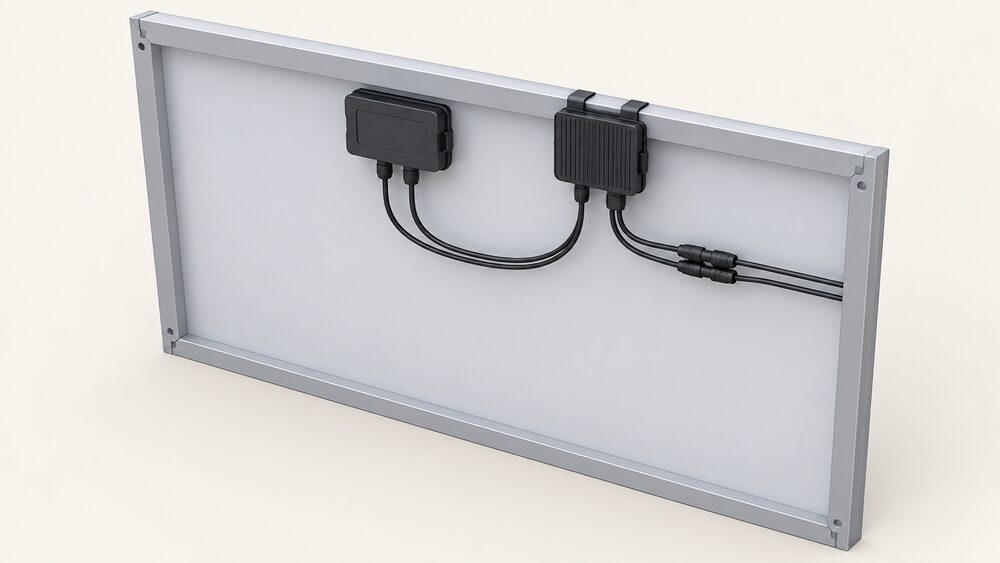 A close-up of the back of a single solar panel with a small rectangular TS4 power optimiser clipped to its module frame, its cables running from the panel's junction box leads into the optimiser and onward as string wiring, with no brackets or extra hardware.