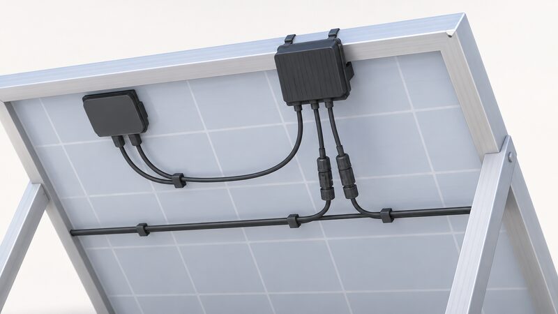 A close-up view of the back of a solar panel showing a small black TS4 optimiser unit clipped directly onto the aluminium module frame, with its short input and output leads running to plain connectors that join the panel into the string wiring.