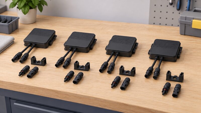 A row of small rectangular TS4 optimiser units laid out in a line on a workshop workbench, with their mounting clips and short output cable connectors placed beside them, drawn as a simple close-up still life with no people.