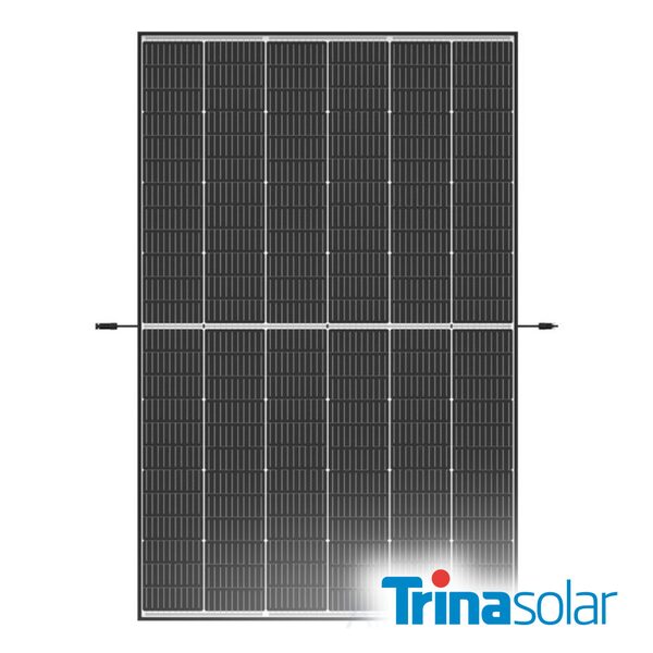 A Trina Solar black-framed solar panel product photo on a white background with Trina Solar logo overlay