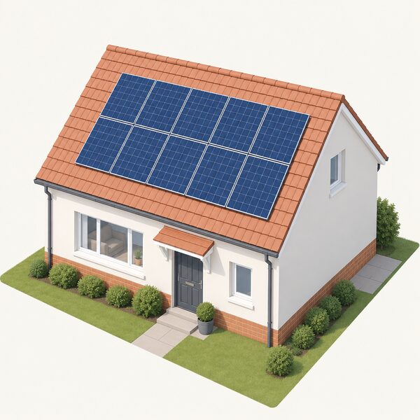 A house roof with a solar array mounted on the south-facing slope at a 30 degree pitch, shown in bright daylight with no shading, representing the SAP reference installation a household would get on its own roof.