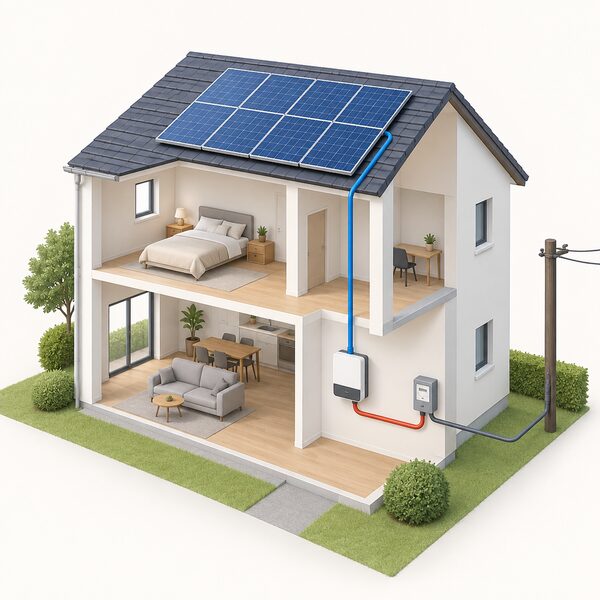 A cutaway view of a house with solar panels on the roof, a cable running down to an inverter mounted on an indoor wall, and a supply cable continuing from the inverter to the incoming grid connection at the meter point.
