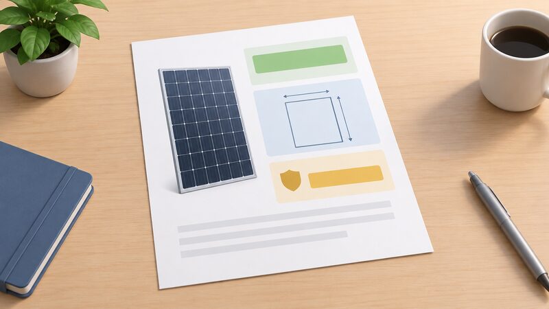 A printed solar module datasheet sheet lying on a desk, with three highlighted fields — a plain efficiency block, a simple outline drawing of the panel's rectangular dimensions, and a warranty block — shown as blank colour bands with no readable text.