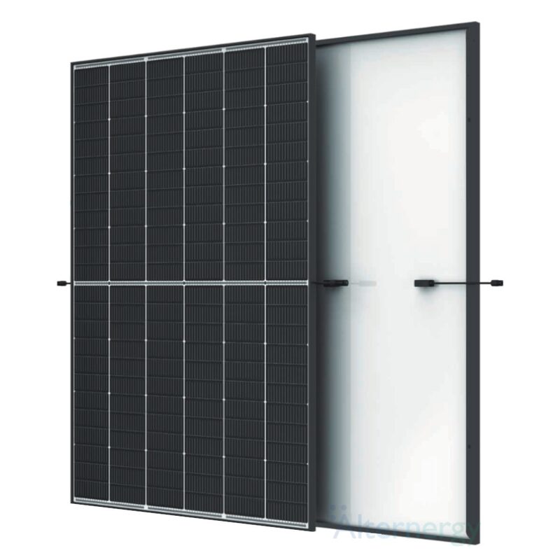 A Trina Solar Vertex S+ dual-glass solar panel shown front and back, with the white rear glass side visible