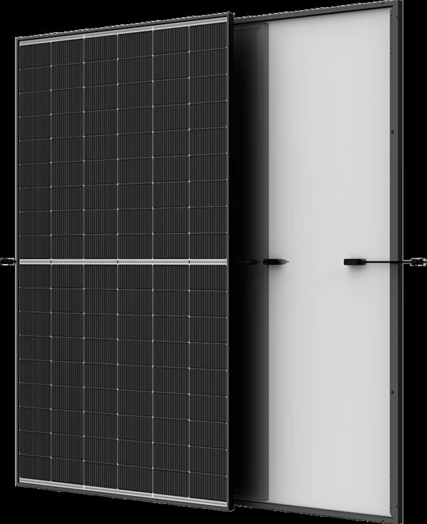 A Trina Solar black-framed solar panel shown from the front and back with its connecting cables