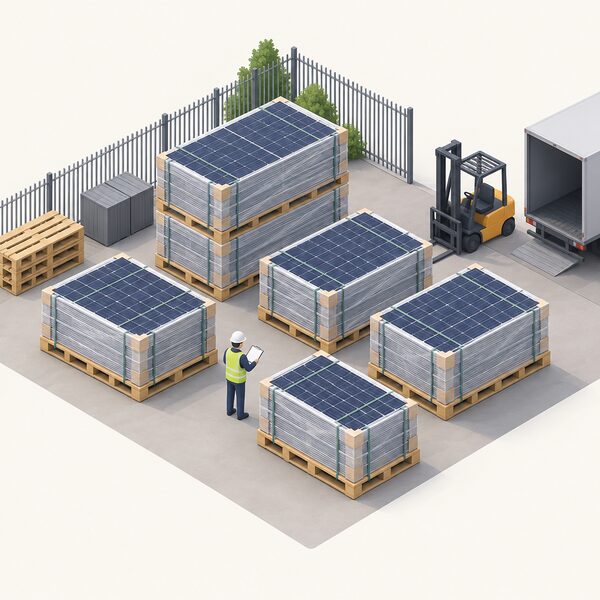 A merchant's yard with several wooden pallets stacked with solar panels, wrapped and awaiting collection, a small isometric figure checking the stock.