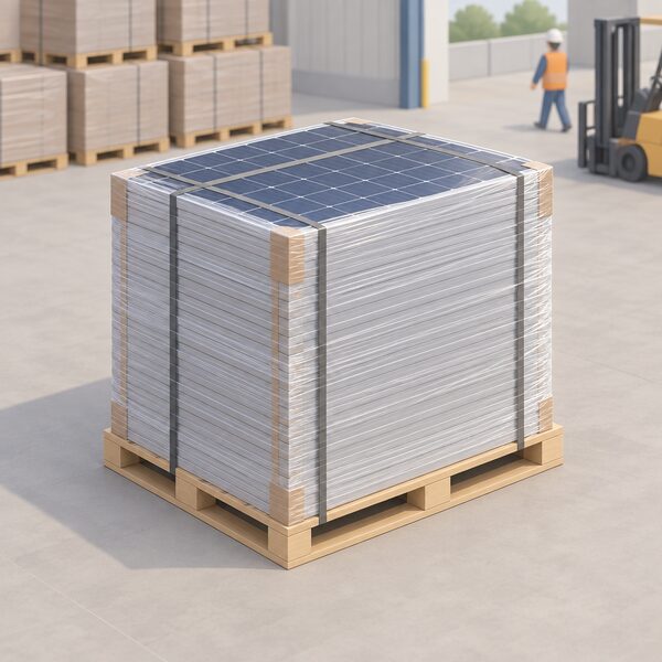 A wooden pallet stacked with solar panels, the stack wrapped in protective packaging, standing in a merchant's storage yard or warehouse ready for delivery.