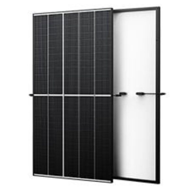 A Trina Vertex S+ 455W dual glass solar panel shown front and back against a white background