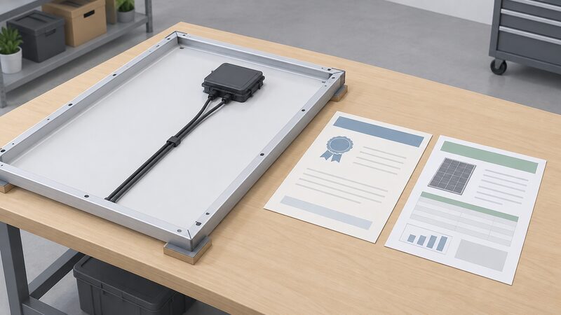 A printed warranty certificate and a module datasheet lie flat on a workbench beside a solar panel's junction box on the panel's rear surface, with blank lines and plain colour bands standing in for all text and figures.