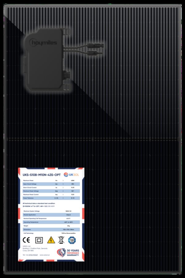 A black UKSOL solar panel (model UKS-S108-M10N-435-OPT) with a Hoymiles microinverter and its specification label