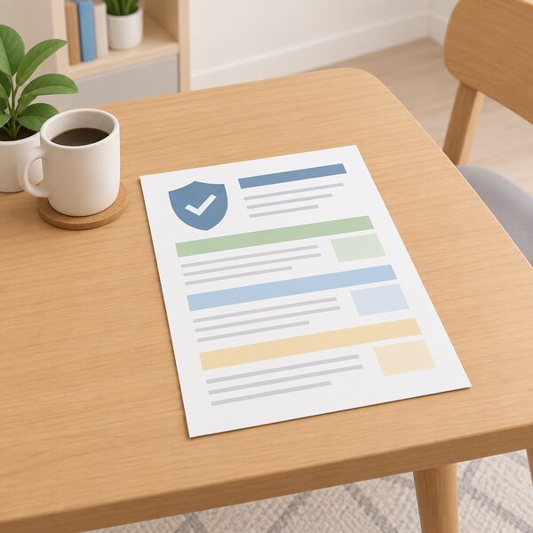 A printed solar panel warranty document lying on a household table, shown as a physical paper sheet with blank lines and plain colour bands standing for the warranty term and coverage details, with no readable words or figures.